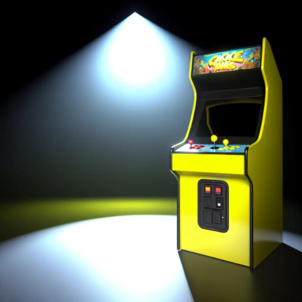 Studio-lit Pac-Man cabinet neon marquee
